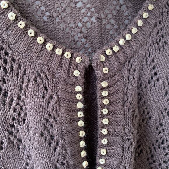 Vintage Villager Womans 1X XL Brown Crochet Wood Beaded Cardigan Hippie Boho Y2K - Picture 5 of 7